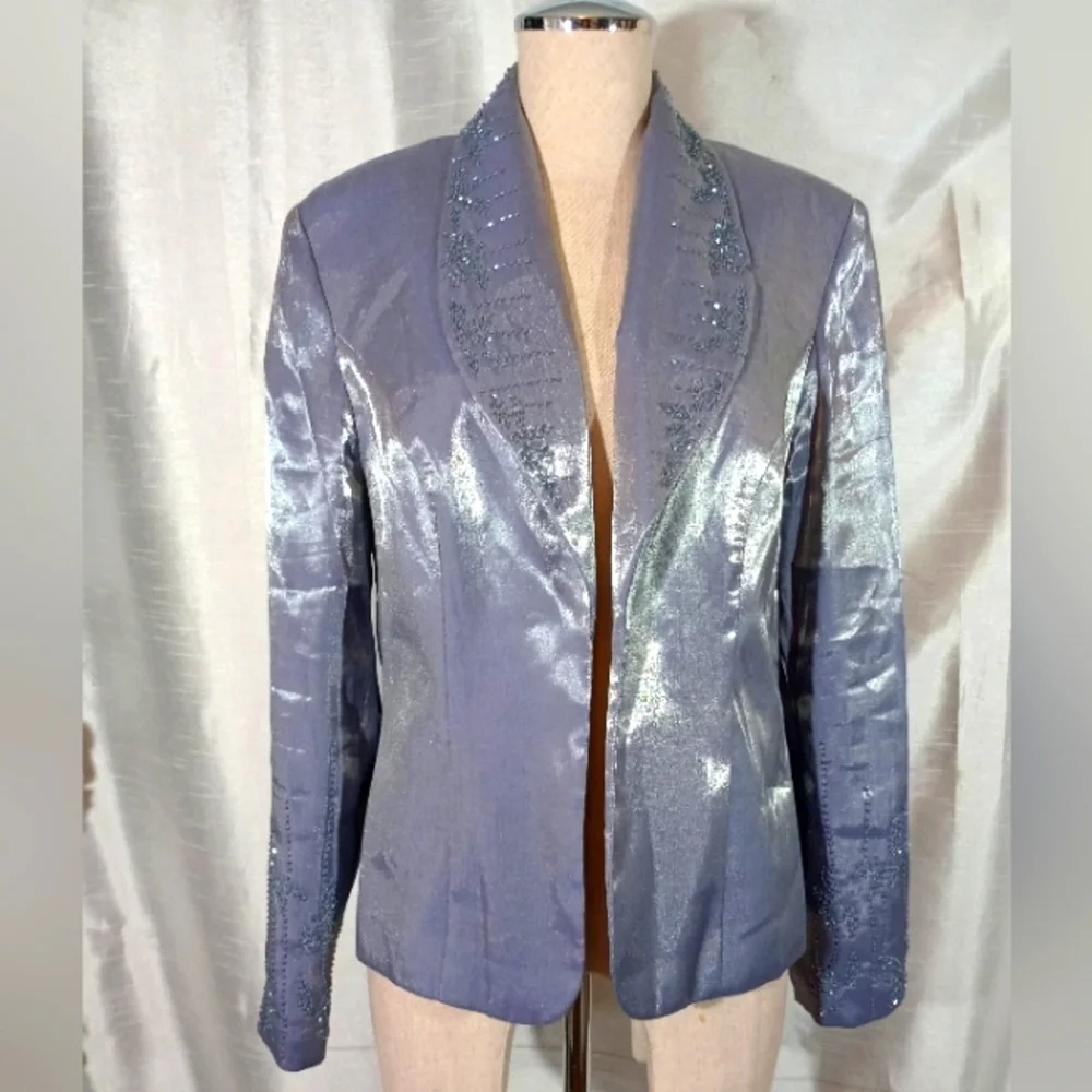 Alex Evenings Satin Hacket, Lavender, beaded sleeves & Collar, Open, one pc., 14 - Picture 1 of 10